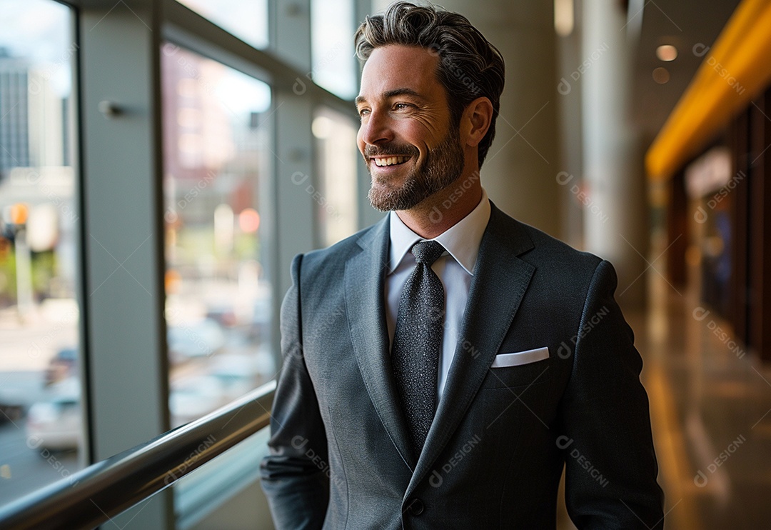 Empresário confiante sorrindo enquanto está de braços cruzados no escritório