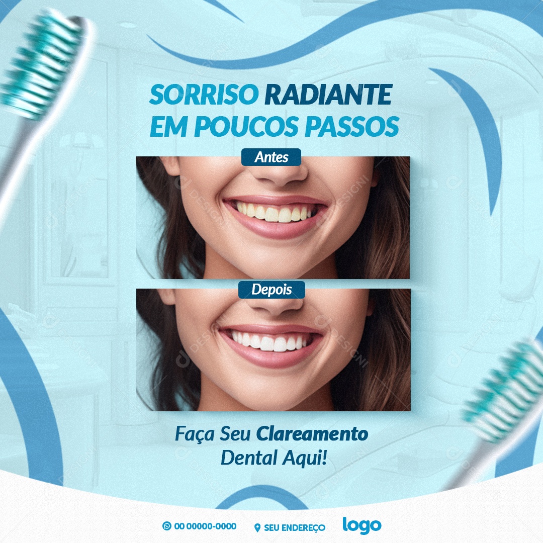Clínica Odontológica Dentista Sorriso Radiante em Poucos Passos Faça seu Clareamento Social Media PSD Editável