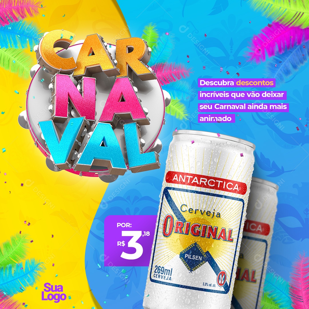 Carnaval Distribuidora de Bebidas Cerveja Original descubra Descontos Incríveis Social Media PSD Editável