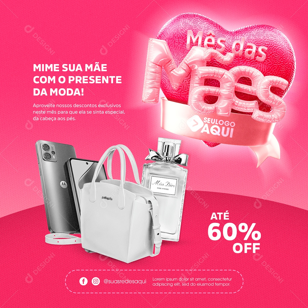 Mês das Mães Mime sua Mãe com o Presente da Moda Celular Bolsa e Perfume Até 60% Off Social Media PSD Editável