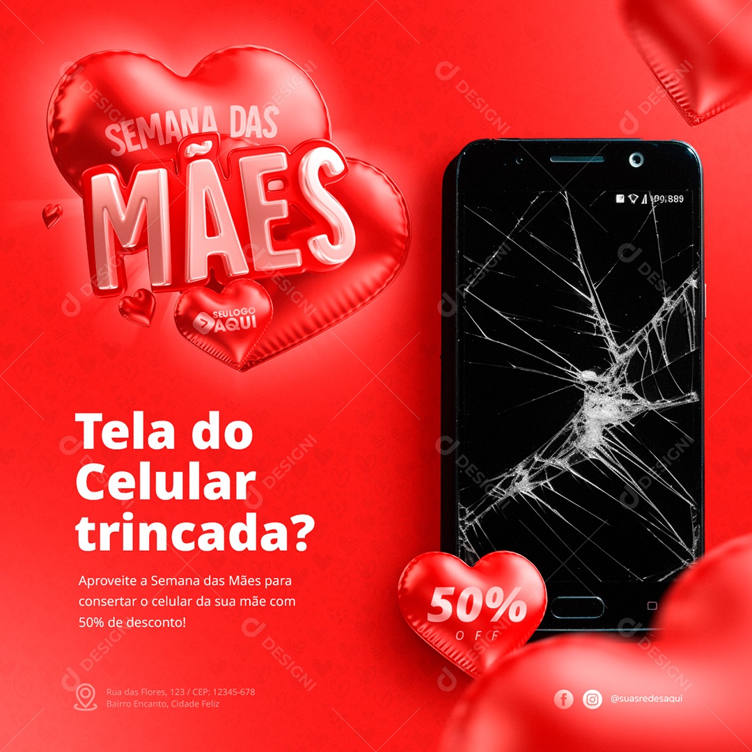 Semana Das Mães Assistência Técnica Tela do Celular trincada Social Media PSD Editável