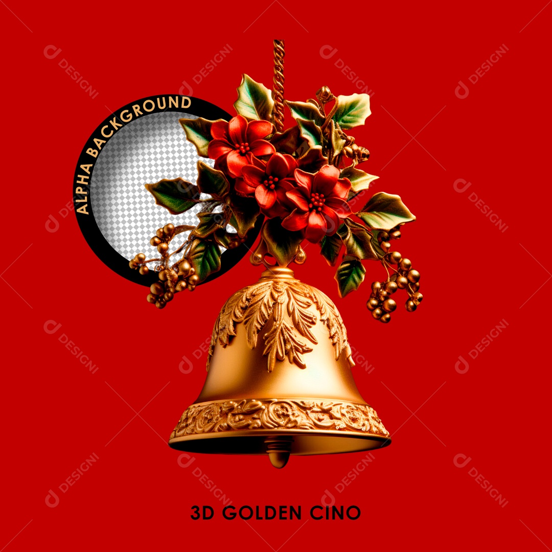 Sino de Ano Novo Elemento 3D Dourado Vermelho para Composição PSD