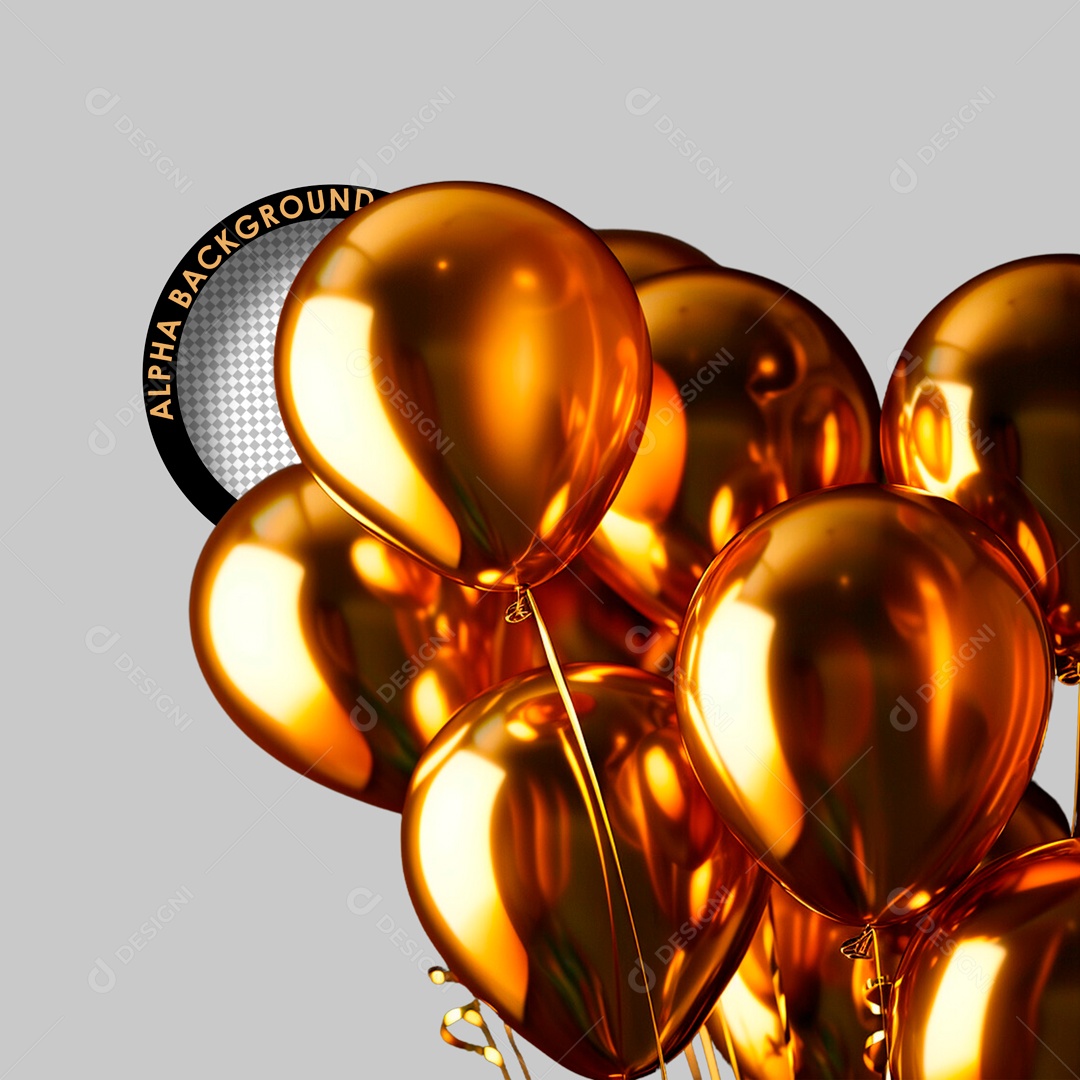 Balões de Ano Novo Elemento 3D Dourado Preto para Composição PSD
