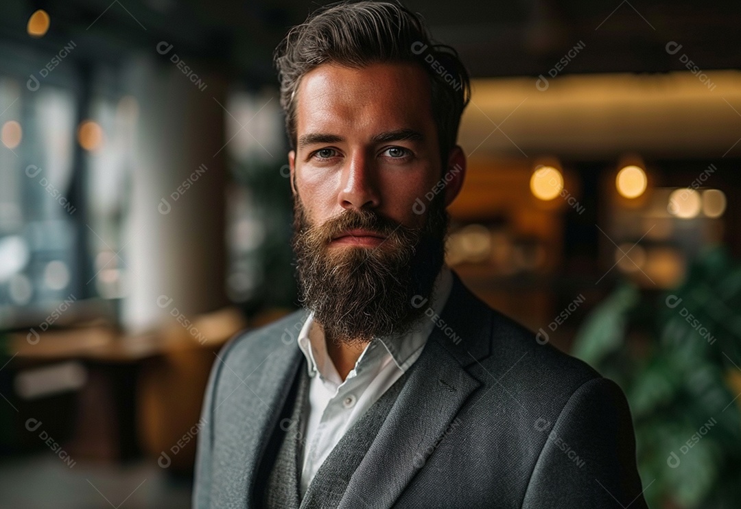 Homem barbudo estiloso de terno em um escritório moderno