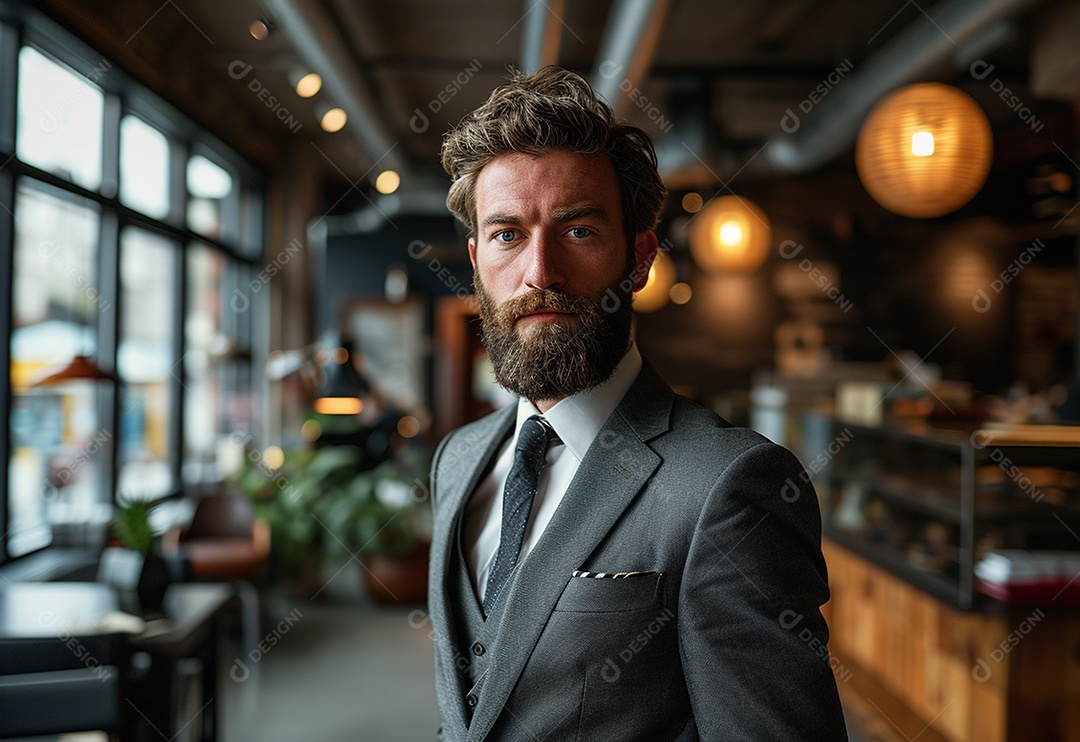 Homem barbudo estiloso de terno em um escritório moderno