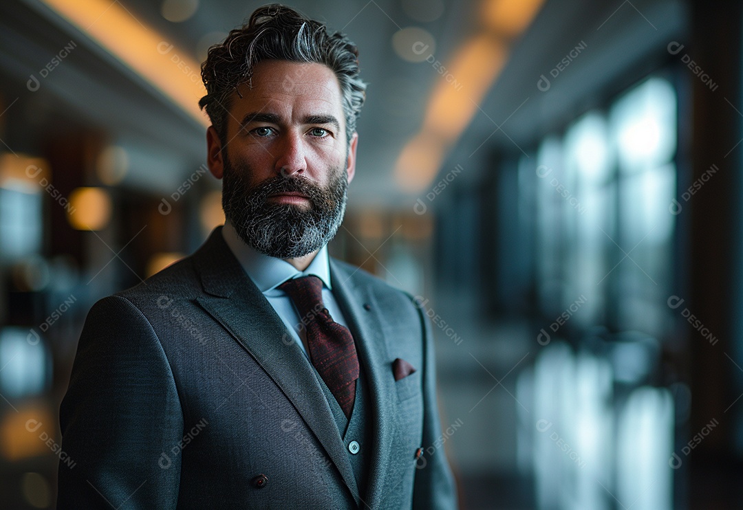 Homem barbudo estiloso de terno em um escritório moderno