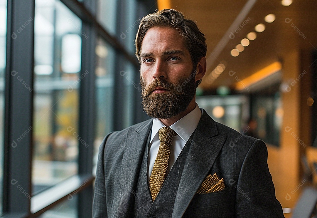 Homem barbudo estiloso de terno em um escritório moderno