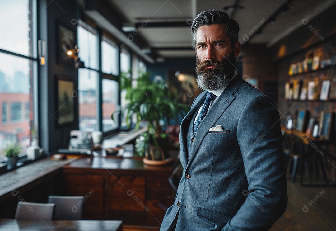 Homem barbudo estiloso de terno em um escritório moderno