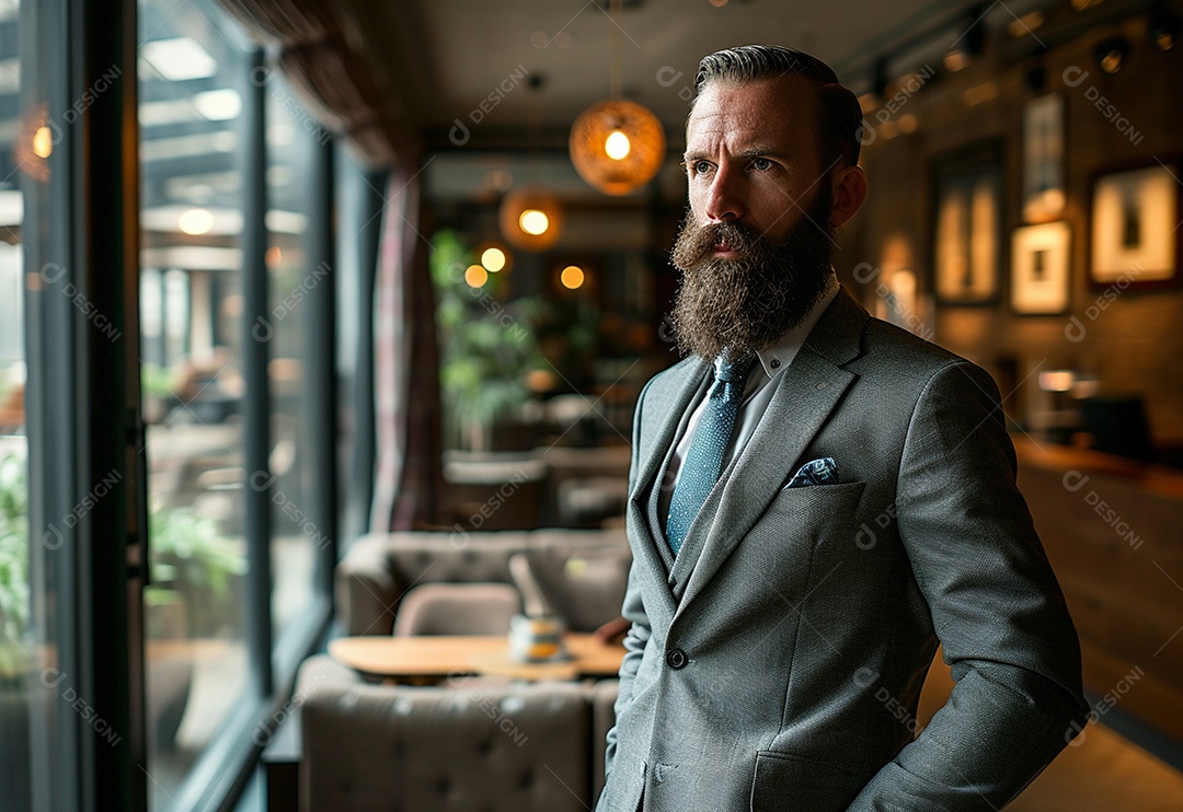 Homem barbudo estiloso de terno em um escritório moderno