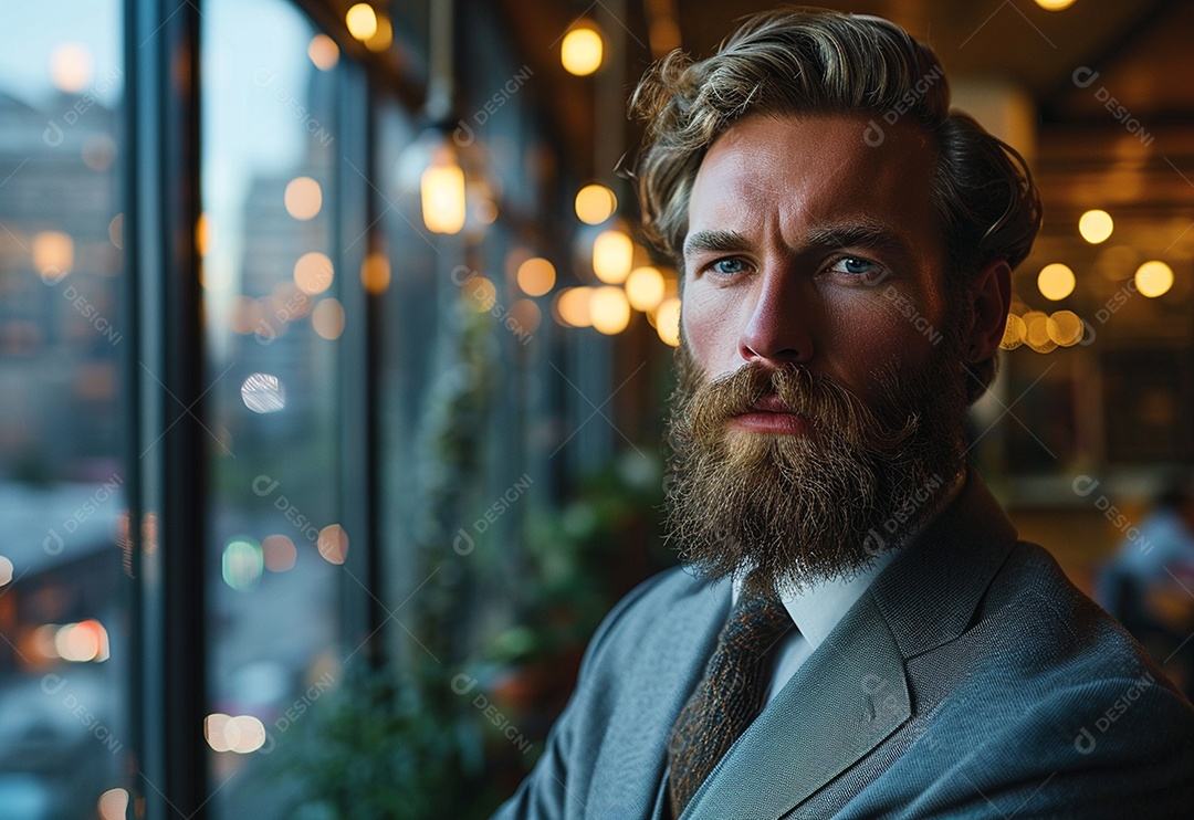 Homem barbudo estiloso de terno em um escritório moderno