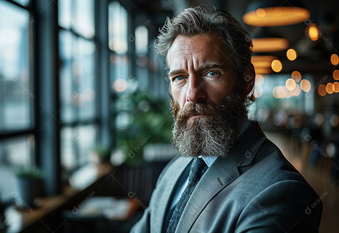 Homem barbudo estiloso de terno em um escritório moderno