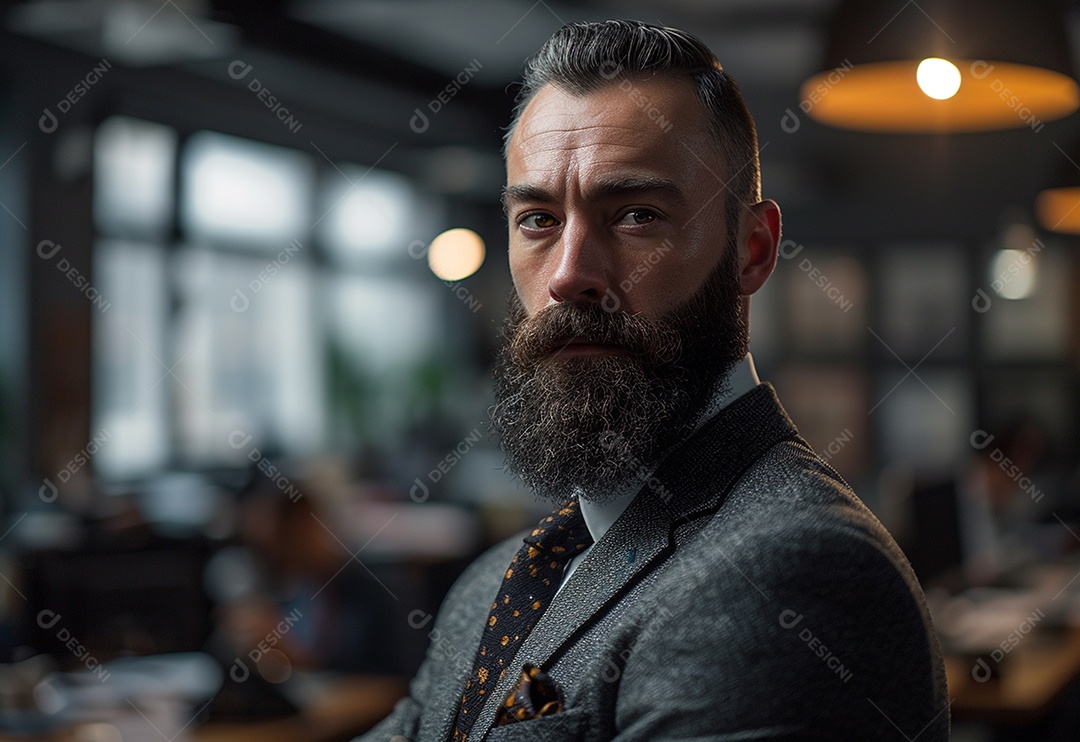 Homem barbudo estiloso de terno em um escritório moderno