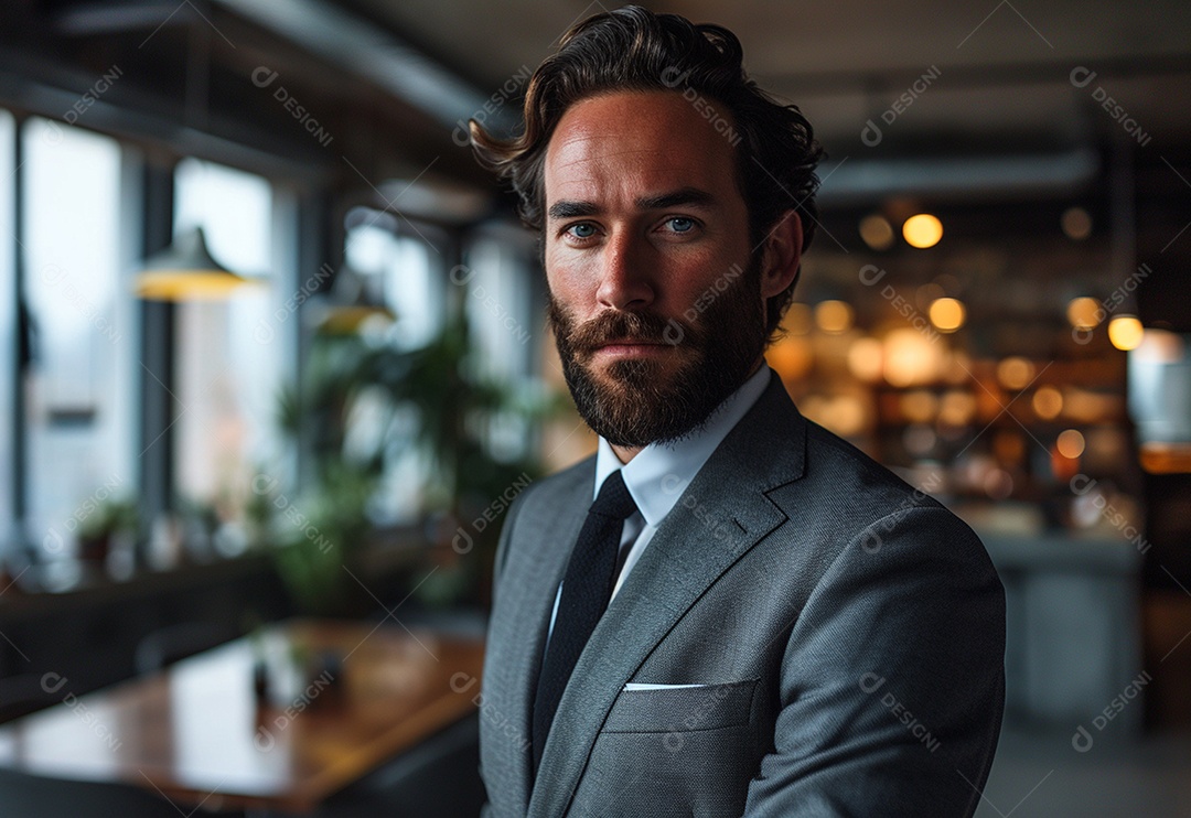 Homem barbudo estiloso de terno em um escritório moderno