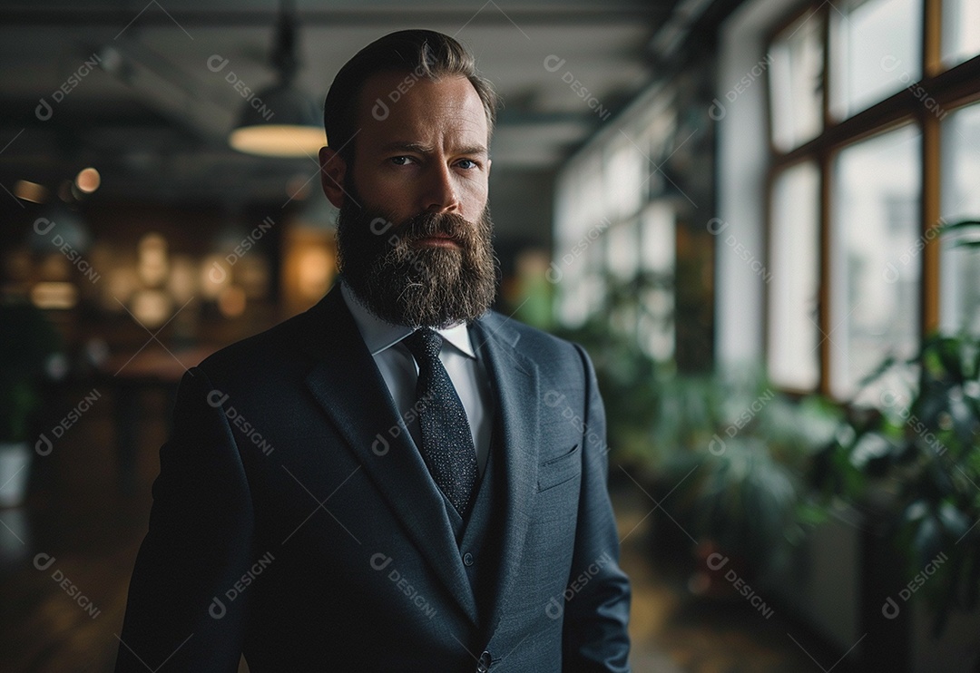 Homem barbudo estiloso de terno em um escritório moderno
