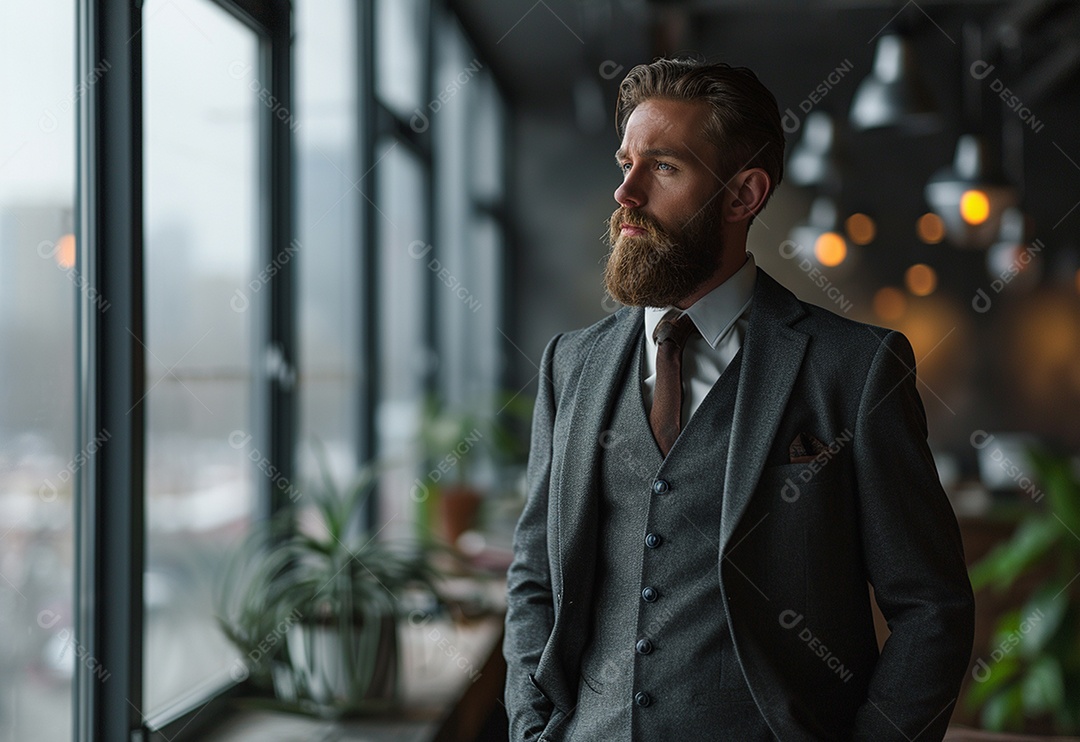 Homem barbudo estiloso de terno em um escritório moderno