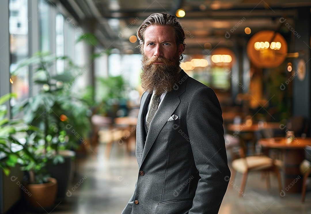 Homem barbudo estiloso de terno em um escritório moderno