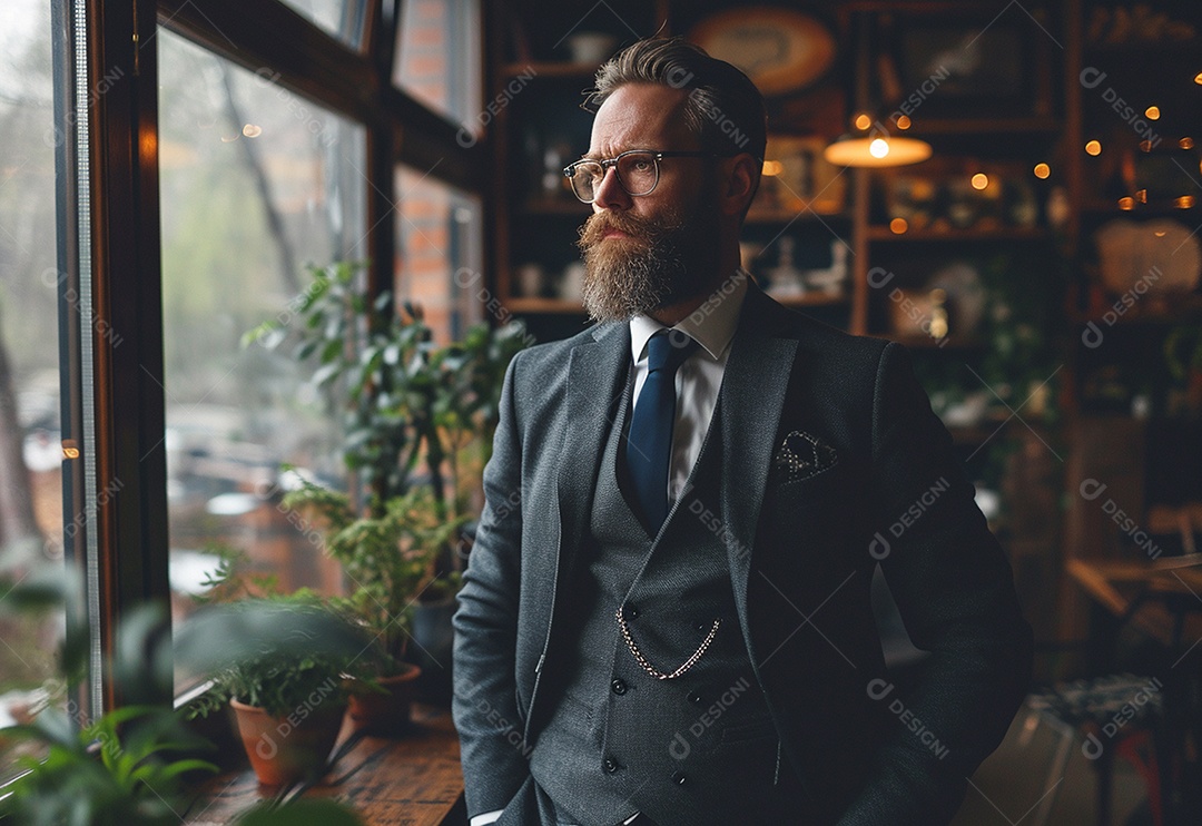 Homem barbudo estiloso de terno em um escritório moderno