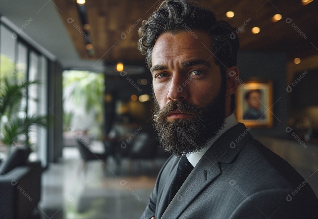 Homem barbudo estiloso de terno em um escritório moderno