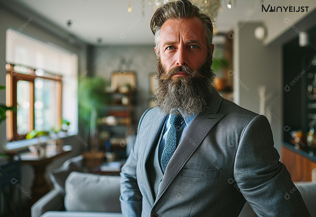 Homem barbudo estiloso de terno em um escritório moderno