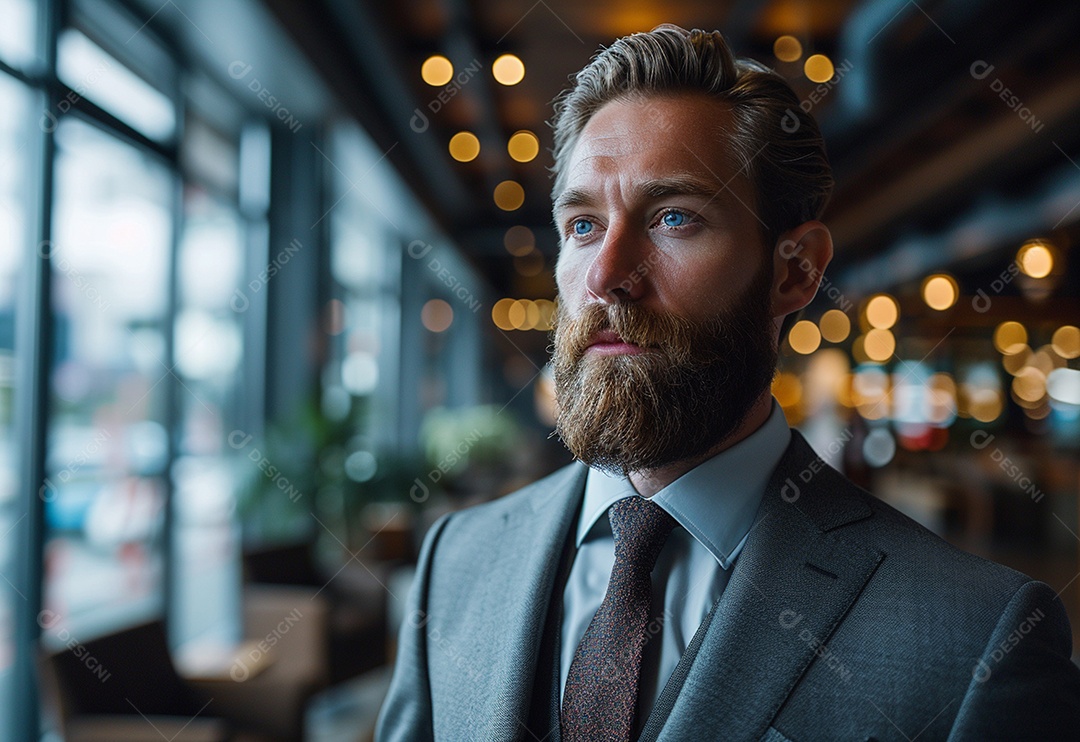 Homem barbudo estiloso de terno em um escritório moderno