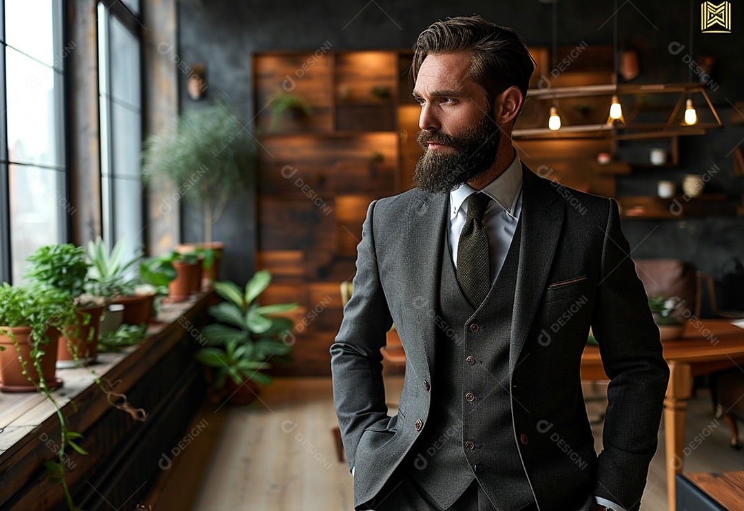 Homem barbudo estiloso de terno em um escritório moderno