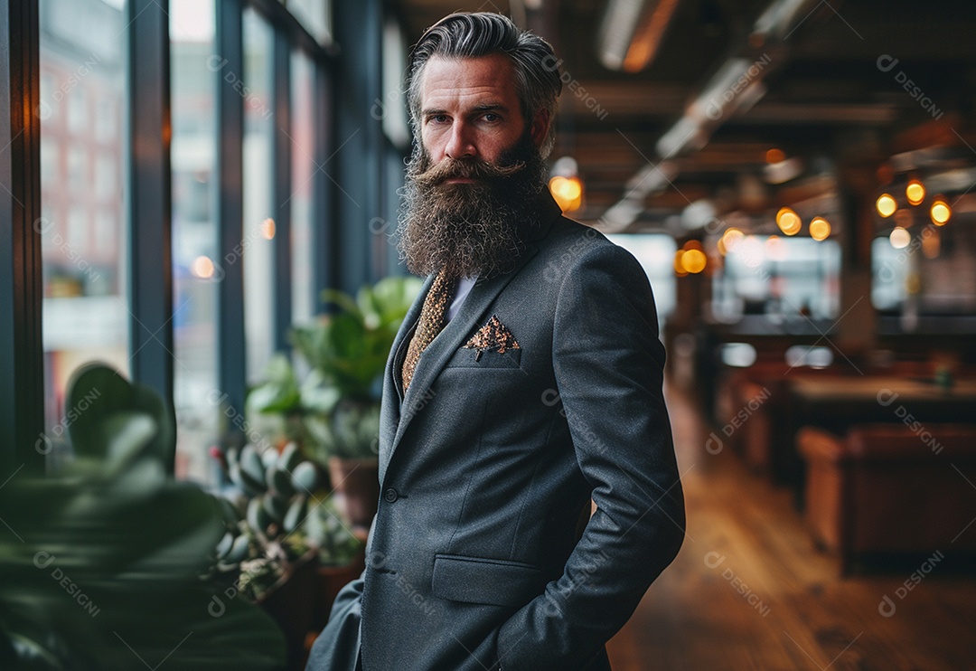 Homem barbudo estiloso de terno em um escritório moderno