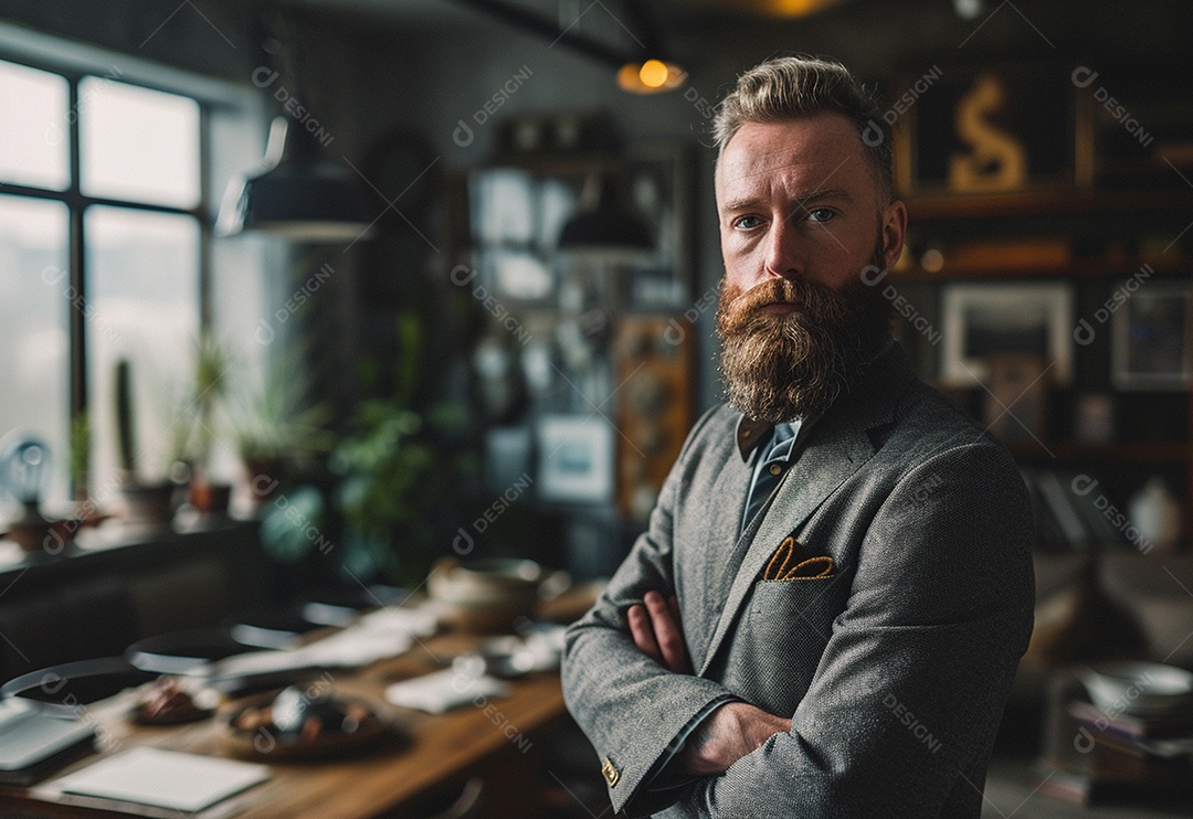 Homem barbudo estiloso de terno em um escritório moderno