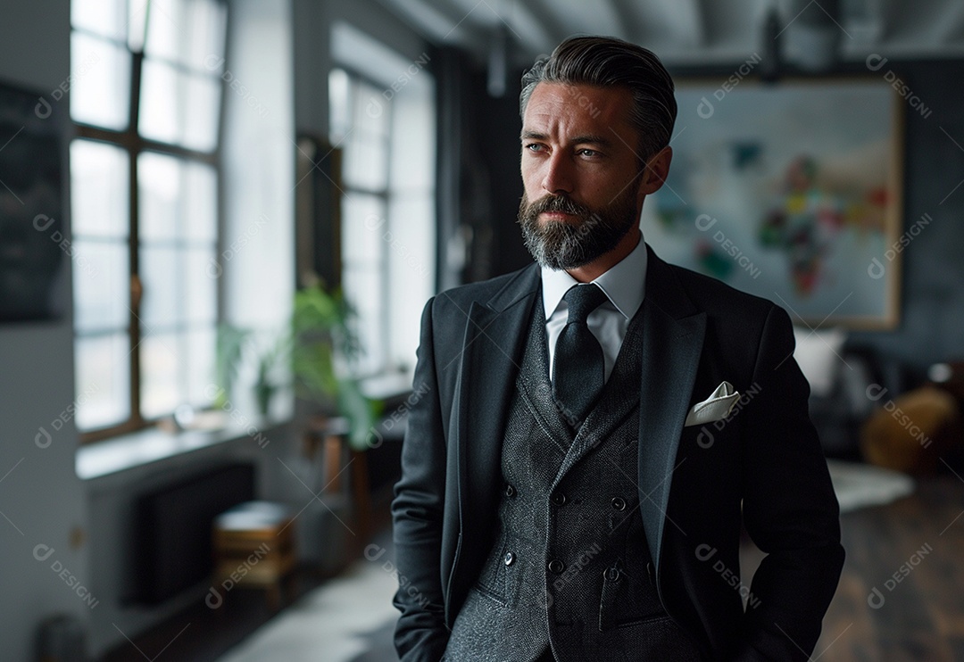Homem barbudo estiloso de terno em um escritório moderno