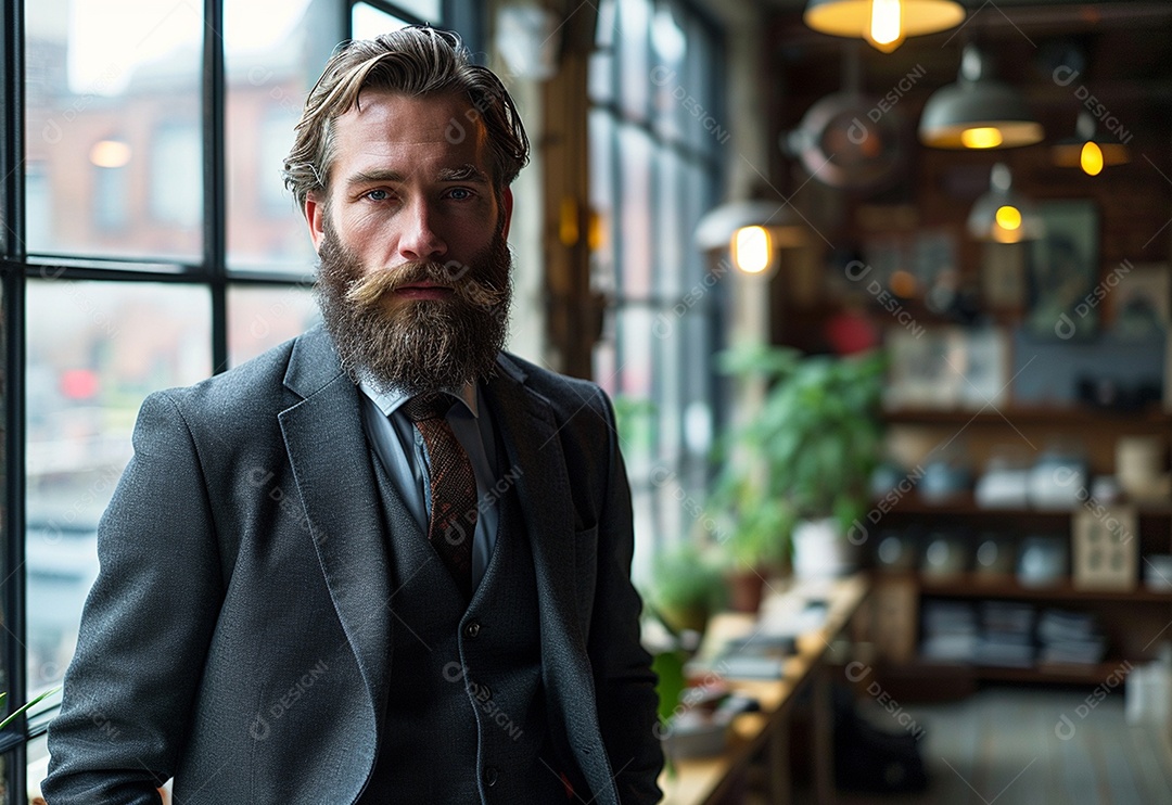 Homem barbudo estiloso de terno em um escritório moderno
