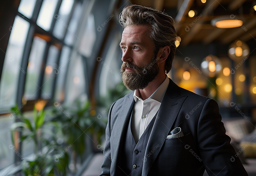 Homem barbudo estiloso de terno em um escritório moderno