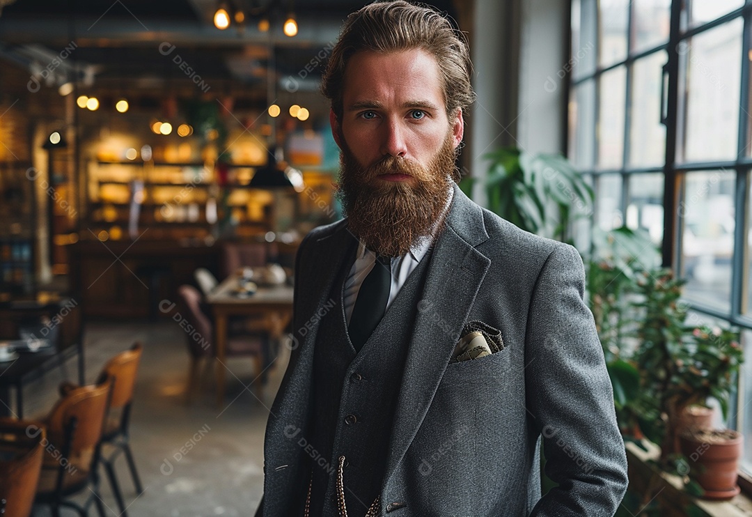 Homem barbudo estiloso de terno em um escritório moderno