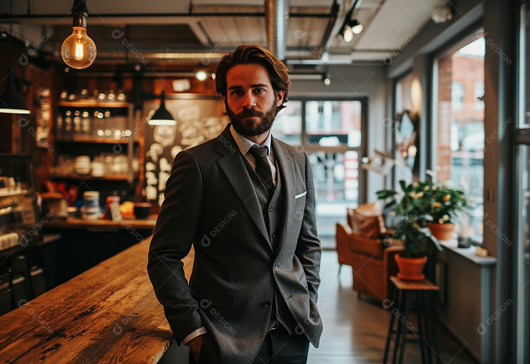 Homem barbudo estiloso de terno em um escritório moderno