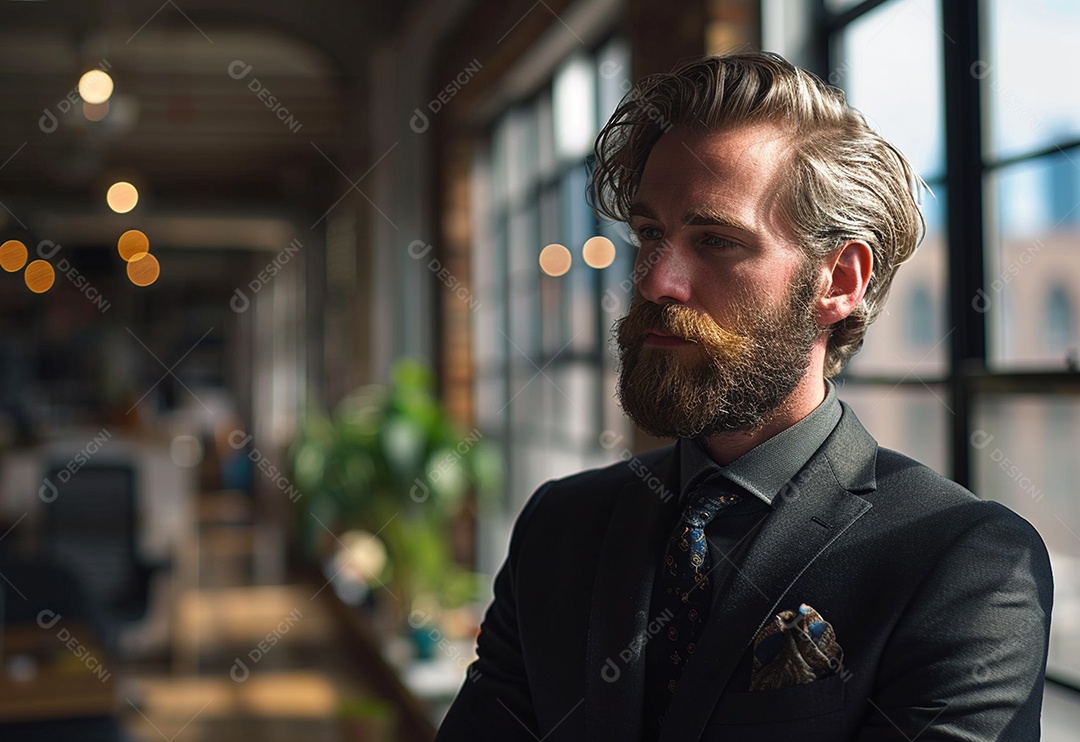 Homem barbudo estiloso de terno em um escritório moderno