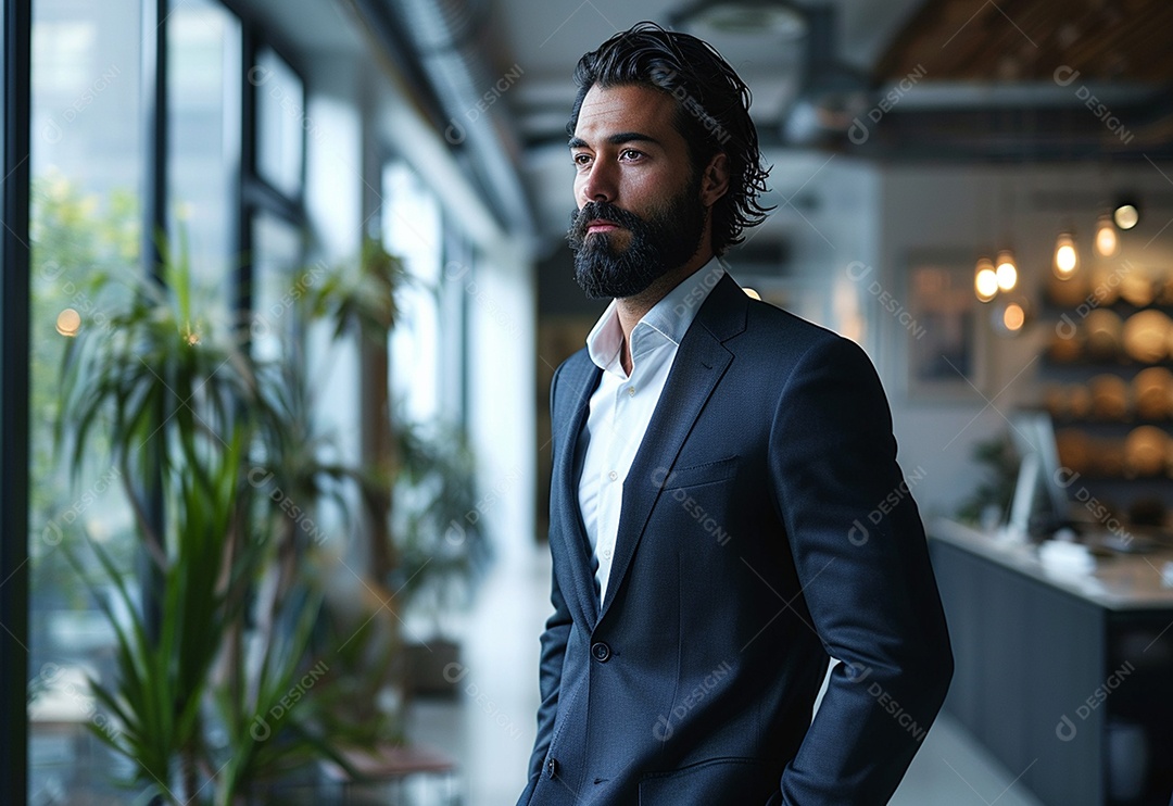 Homem barbudo estiloso de terno em um escritório moderno