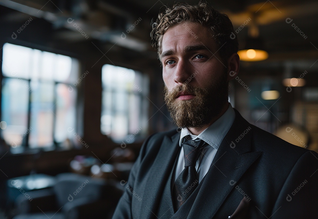 Homem barbudo estiloso de terno em um escritório moderno