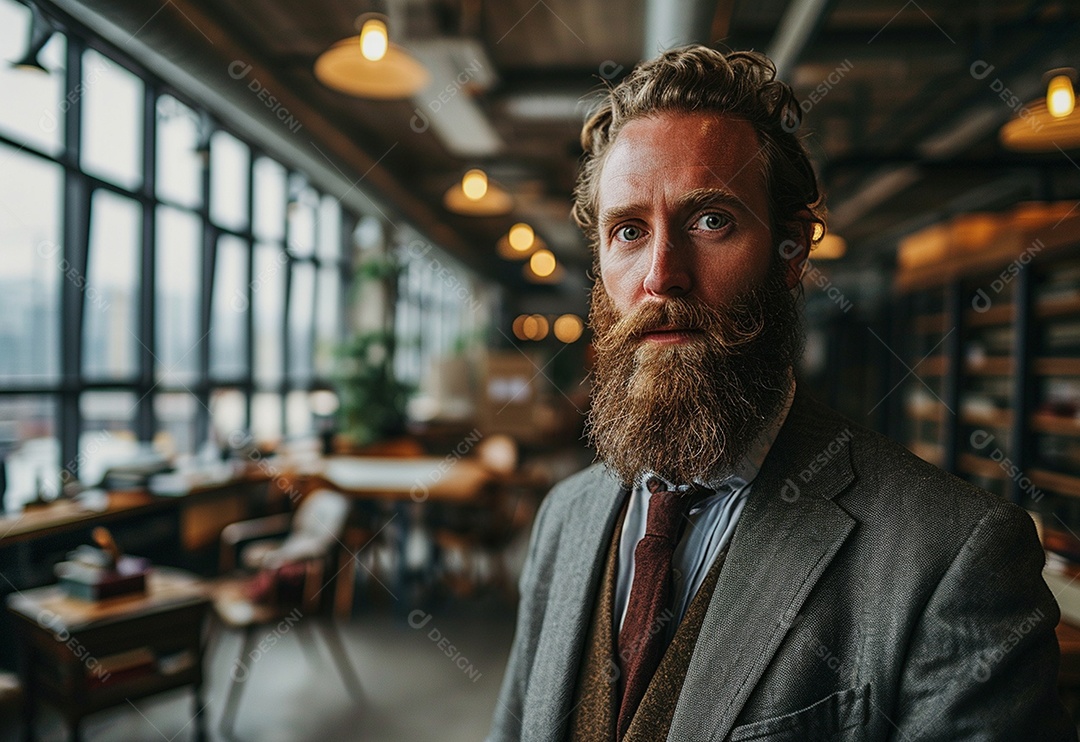 Homem barbudo estiloso de terno em um escritório moderno
