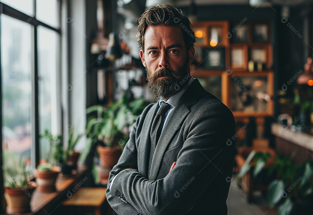 Homem barbudo estiloso de terno em um escritório moderno