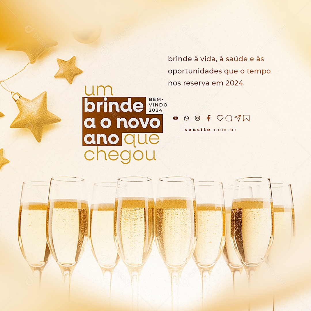 Um Brinde a o Novo Ano que Chegou Bem Vindo 2024 Social Media PSD Editável