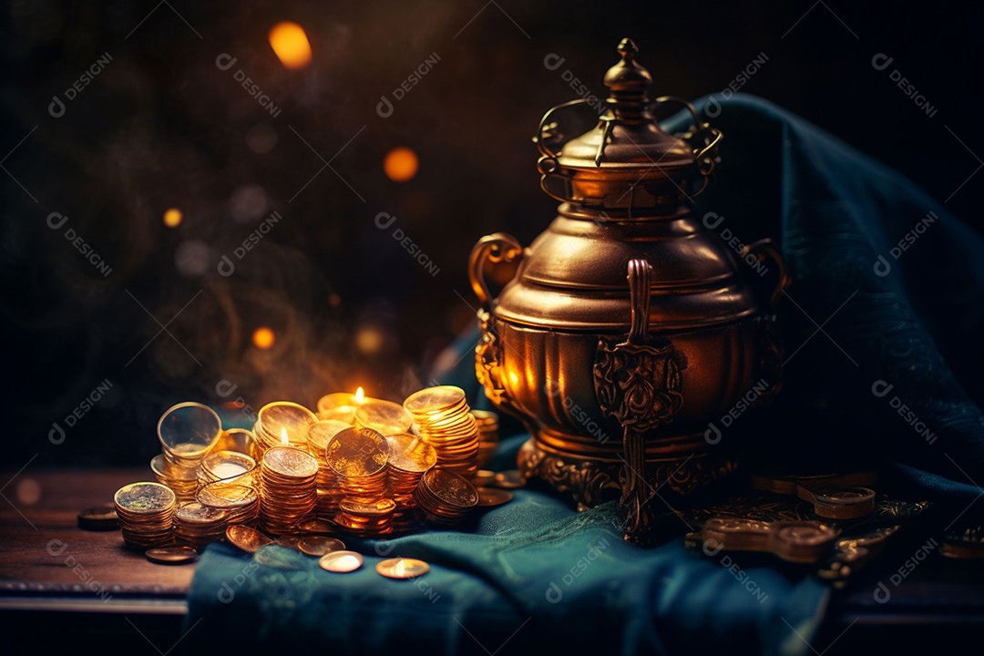 Pilha de criptomoedas em um baú sobre fundo escuro