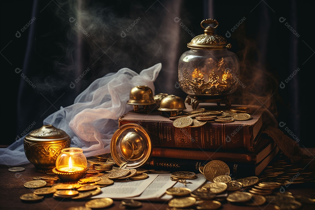 Pilha de criptomoedas em um baú sobre fundo escuro