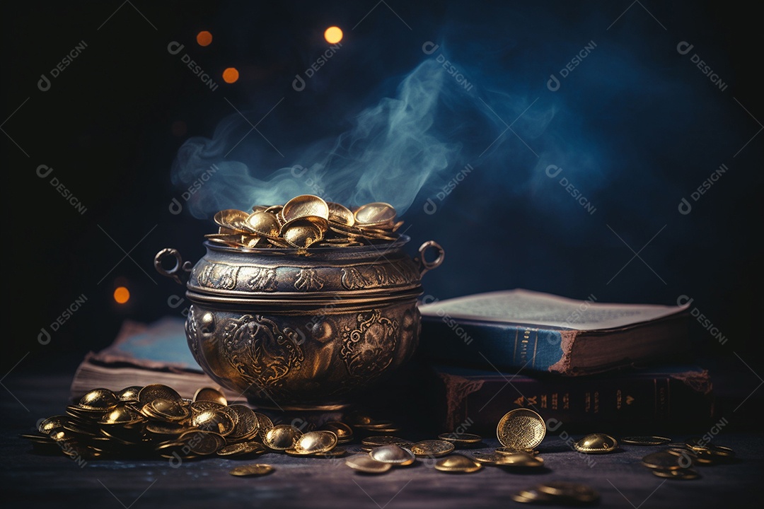 Pilha de criptomoedas em um baú sobre fundo escuro