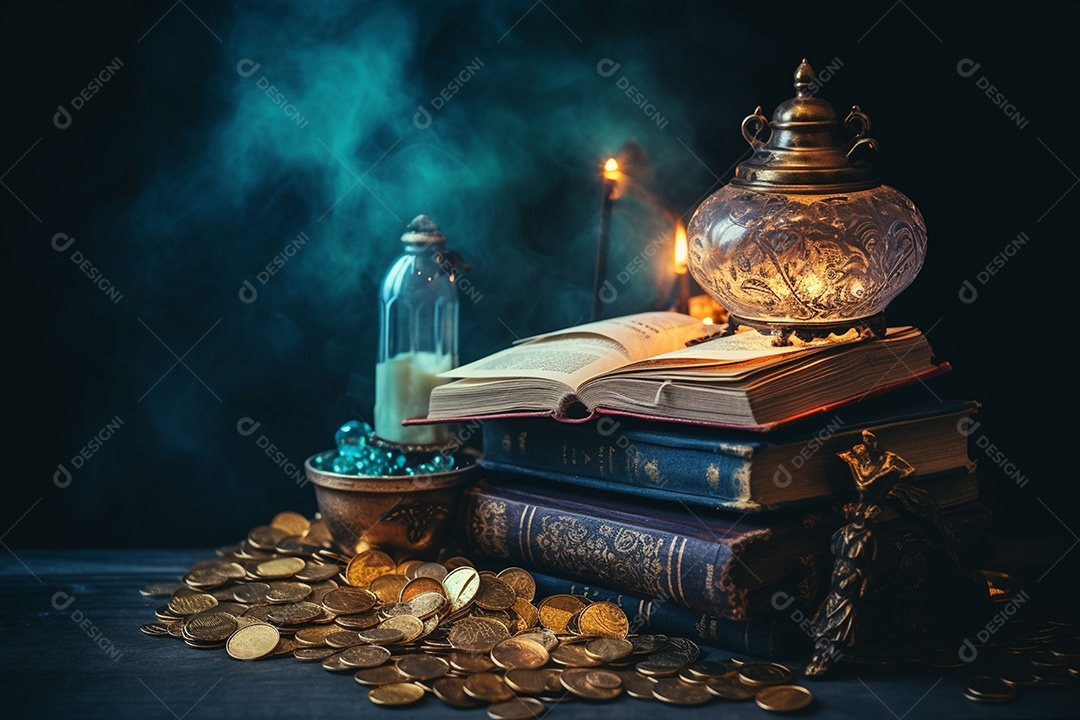 Pilha de criptomoedas em um baú sobre fundo escuro