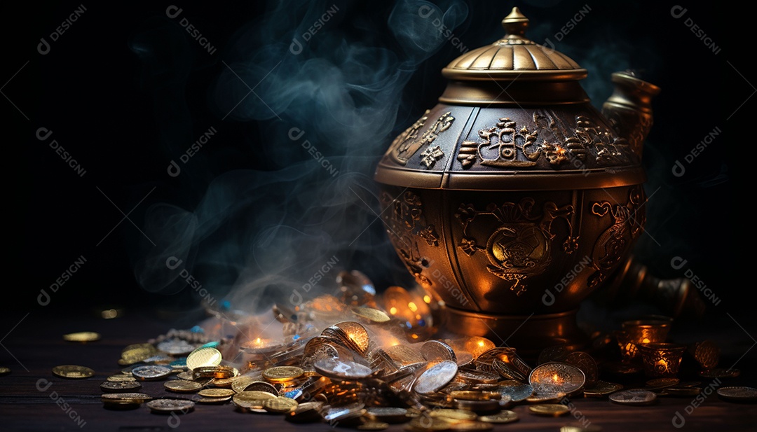 Pilha de criptomoedas em um baú sobre fundo escuro