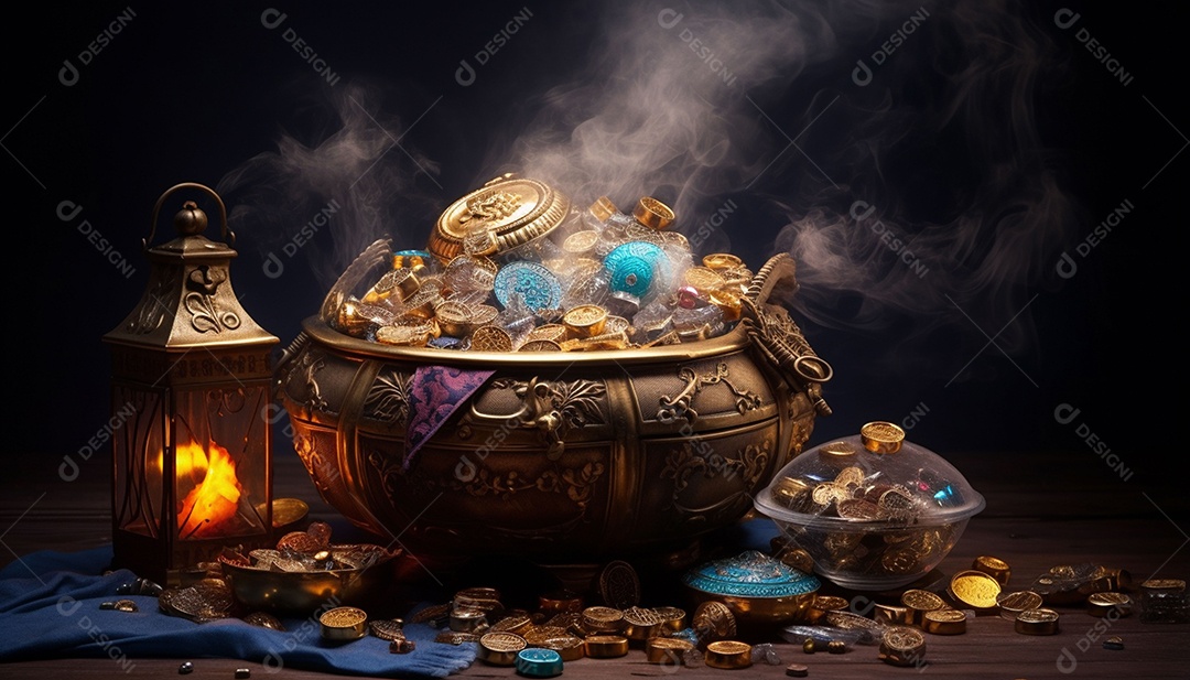 Pilha de criptomoedas em um baú sobre fundo escuro