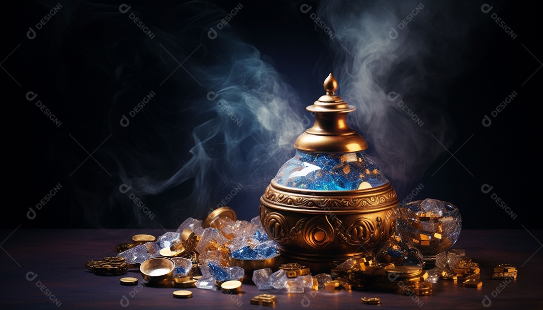 Pilha de criptomoedas em um baú sobre fundo escuro