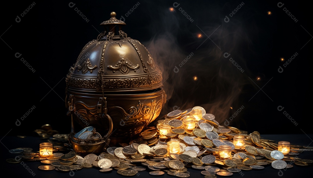 Pilha de criptomoedas em um baú sobre fundo escuro