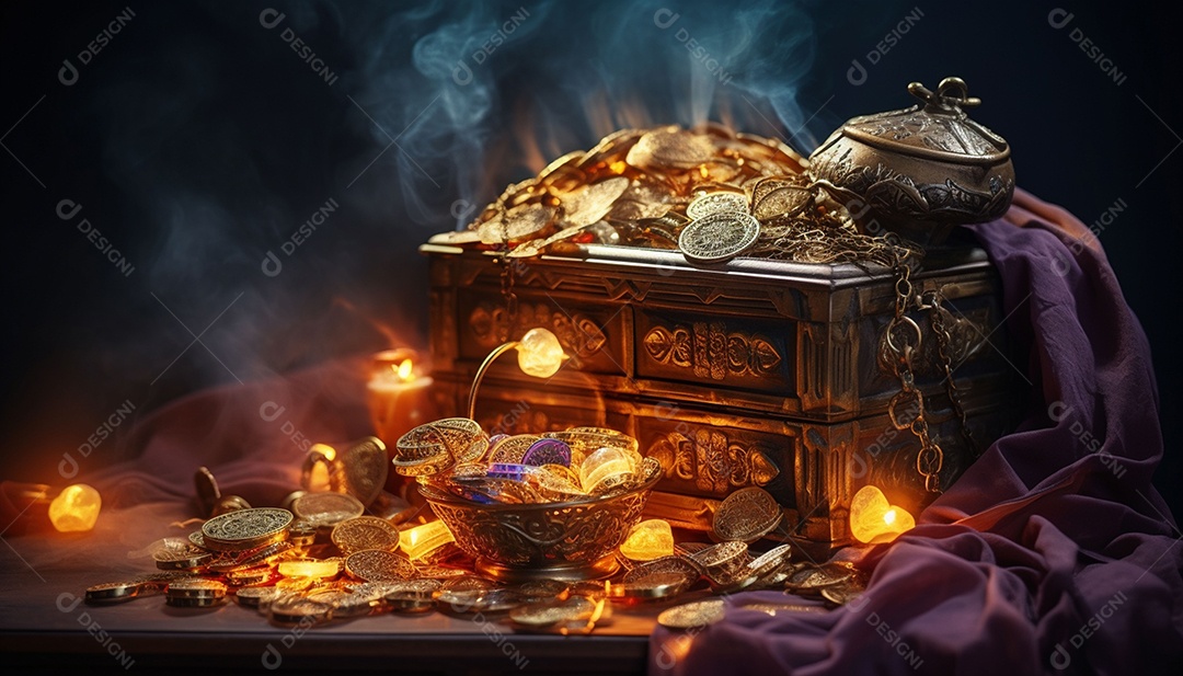 Pilha de criptomoedas em um baú sobre fundo escuro