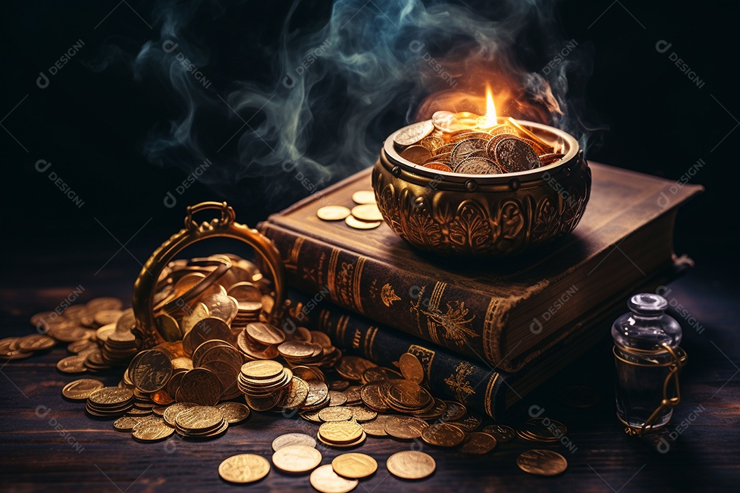 Pilha de criptomoedas em um baú sobre fundo escuro