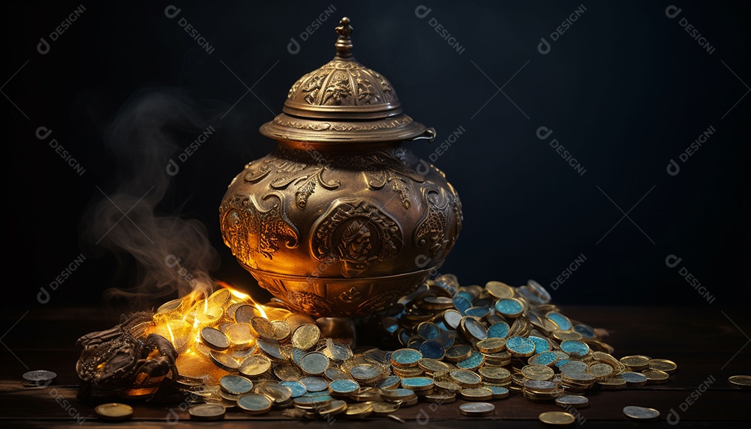 Pilha de criptomoedas em um baú sobre fundo escuro