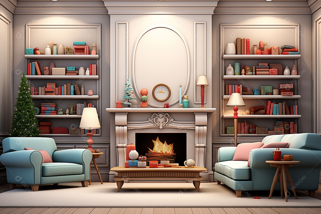 Sala de estar estilo 3D da pixar com estilo moderno e iluminação